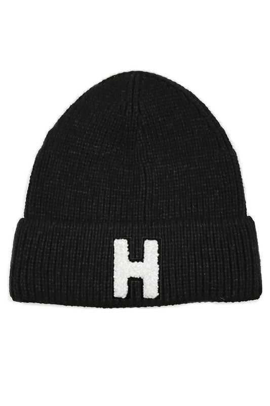 Letter H Chenille Patch Ribbed Cuff Beanie Hat