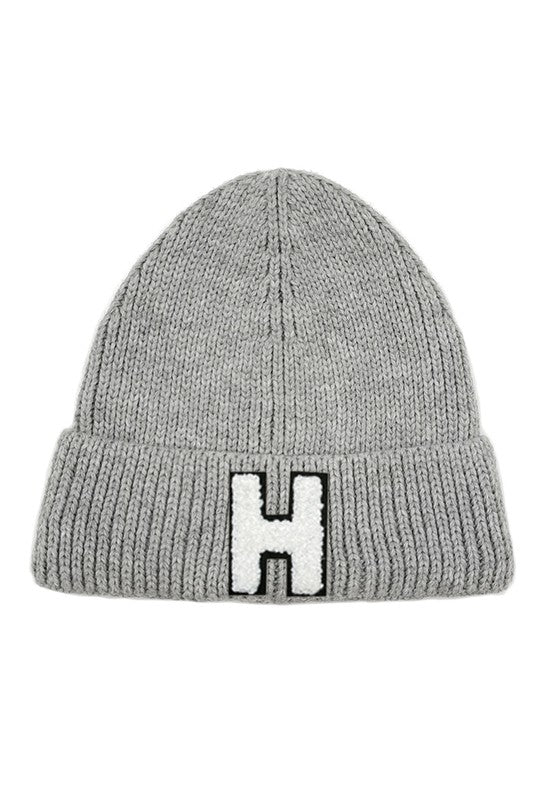 Letter H Chenille Patch Ribbed Cuff Beanie Hat