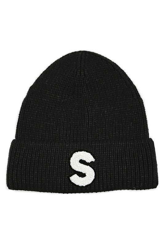 Letter S Chenille Patch Ribbed Cuff Beanie Hat