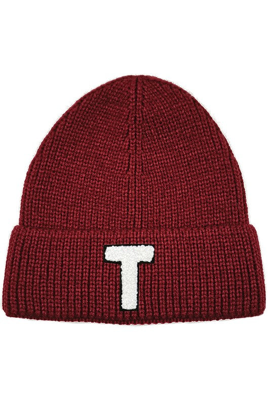 Letter T Chenille Patch Ribbed Cuff Beanie Hat
