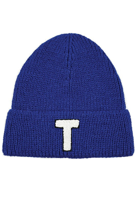 Letter T Chenille Patch Ribbed Cuff Beanie Hat