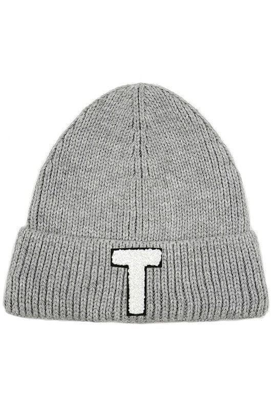 Letter T Chenille Patch Ribbed Cuff Beanie Hat