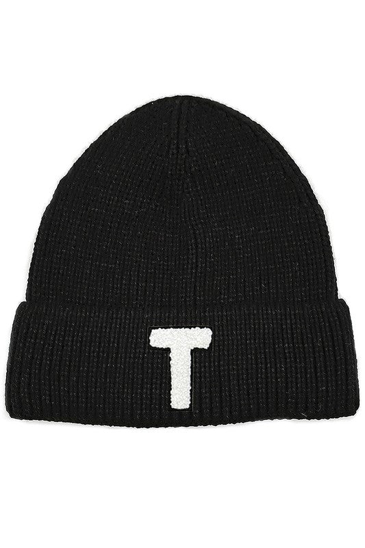 Letter T Chenille Patch Ribbed Cuff Beanie Hat