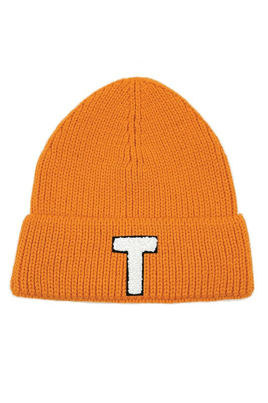 Letter T Chenille Patch Ribbed Cuff Beanie Hat