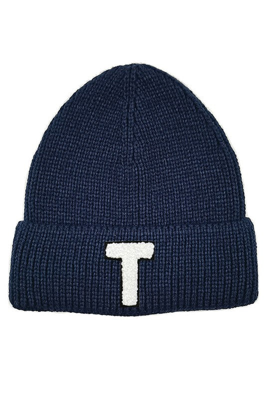 Letter T Chenille Patch Ribbed Cuff Beanie Hat