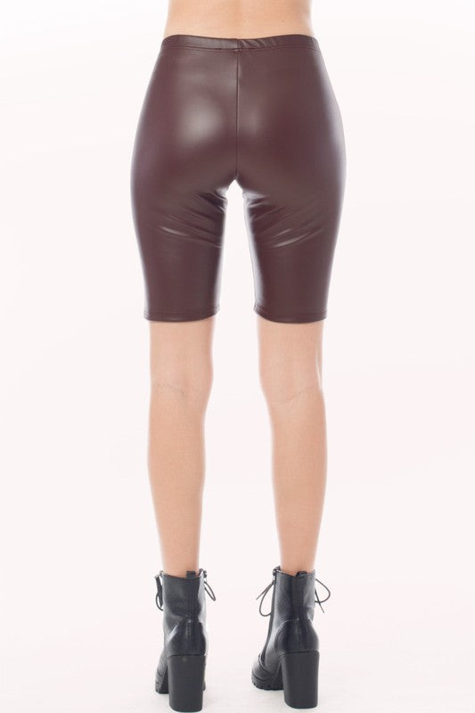 Solid Faux Leather Biker Shorts with Elastic Waist