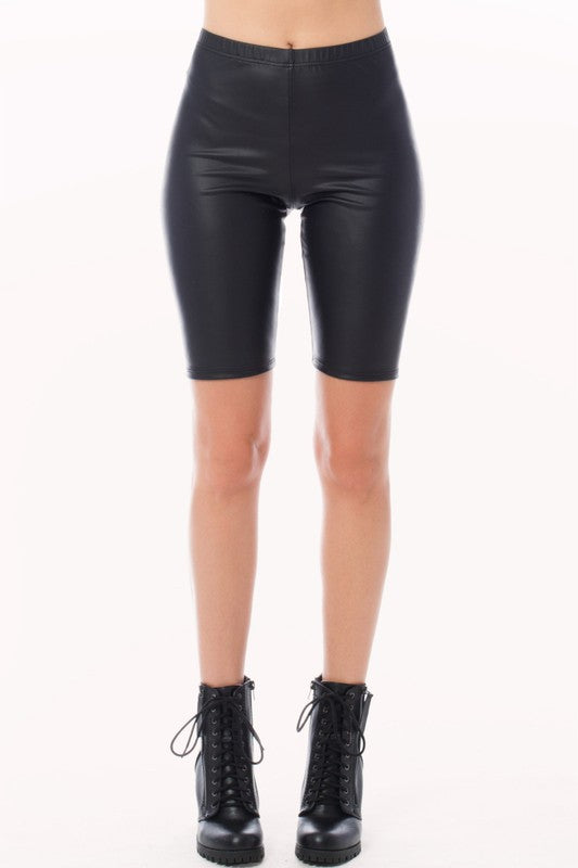 Solid Faux Leather Biker Shorts with Elastic Waist