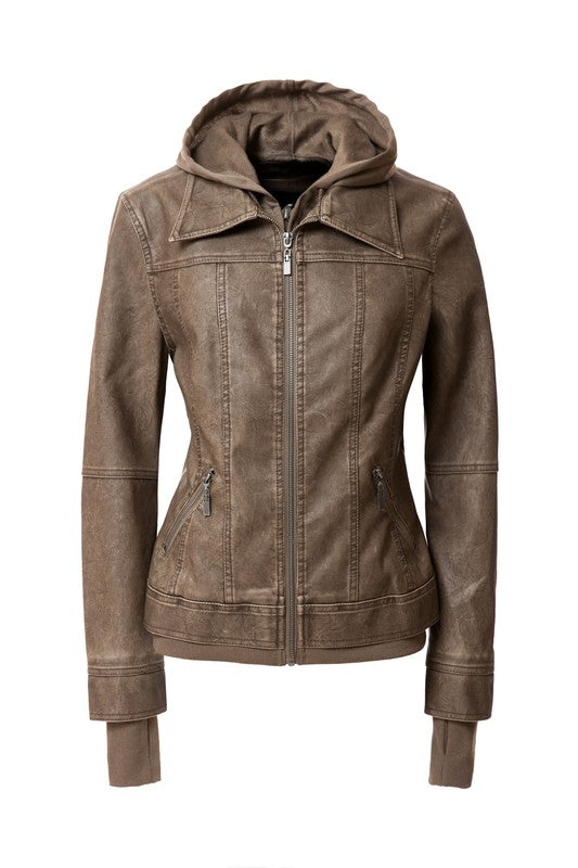 Women&#39;s Hood PU Leather Jacket