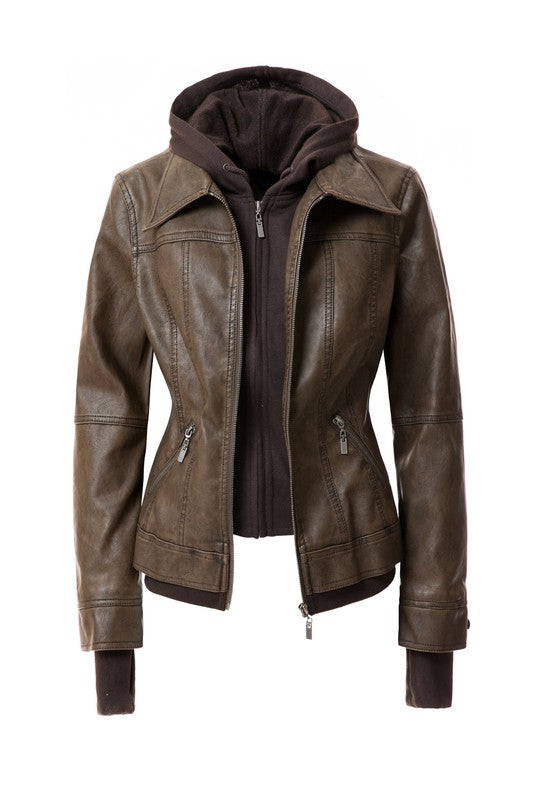 Women&#39;s Hood PU Leather Jacket
