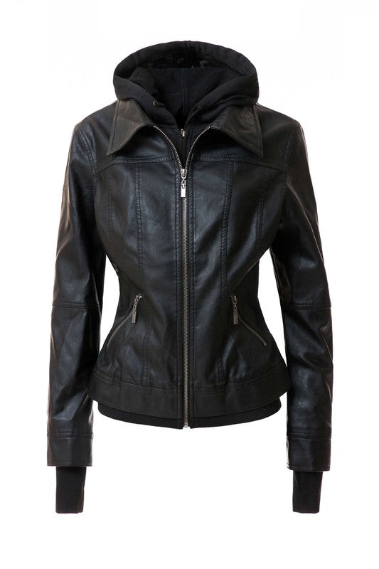 Women&#39;s Hood PU Leather Jacket