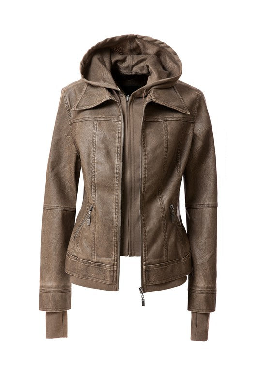 Women&#39;s Hood PU Leather Jacket