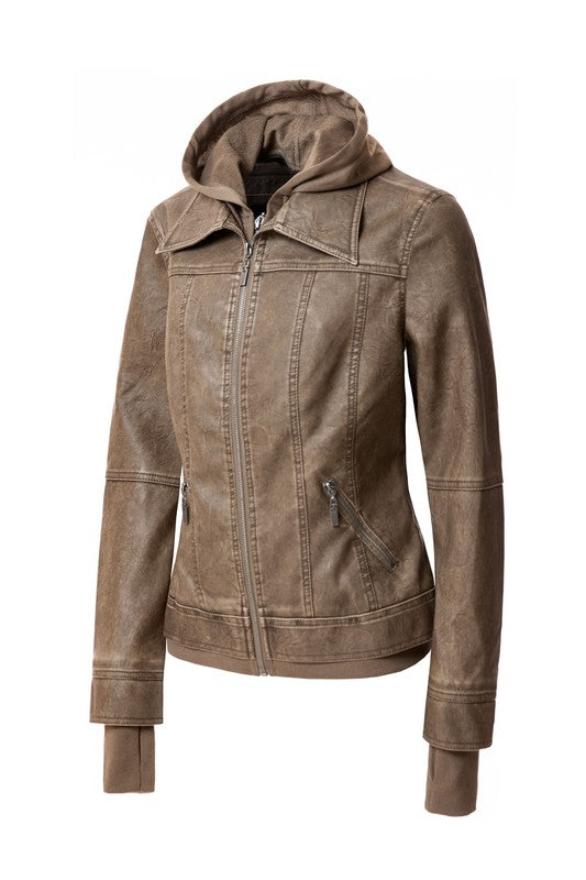 Women&#39;s Hood PU Leather Jacket