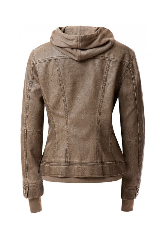 Women&#39;s Hood PU Leather Jacket