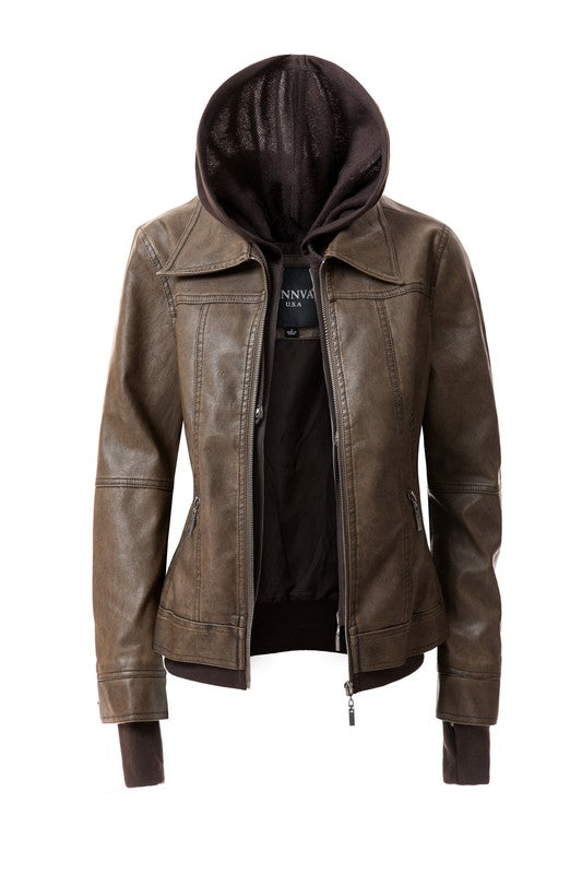 Women&#39;s Hood PU Leather Jacket