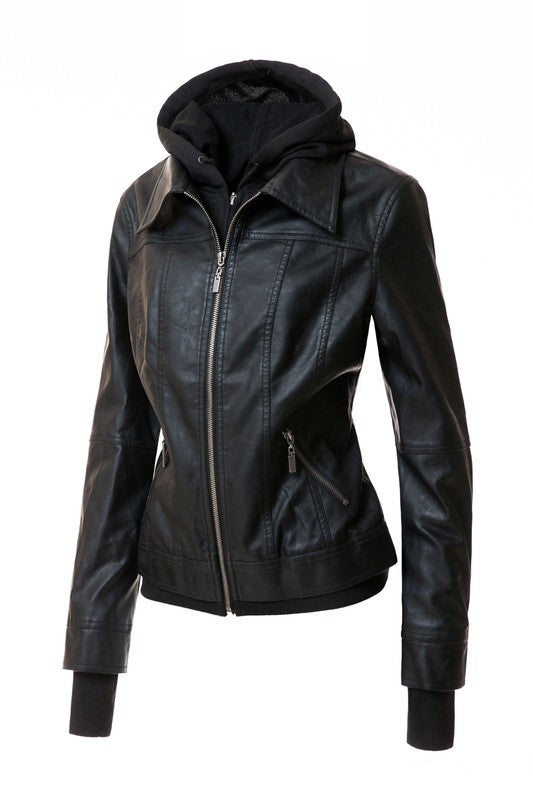 Women&#39;s Hood PU Leather Jacket