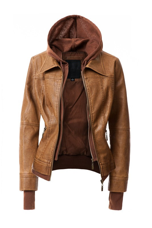 Women&#39;s Hood PU Leather Jacket