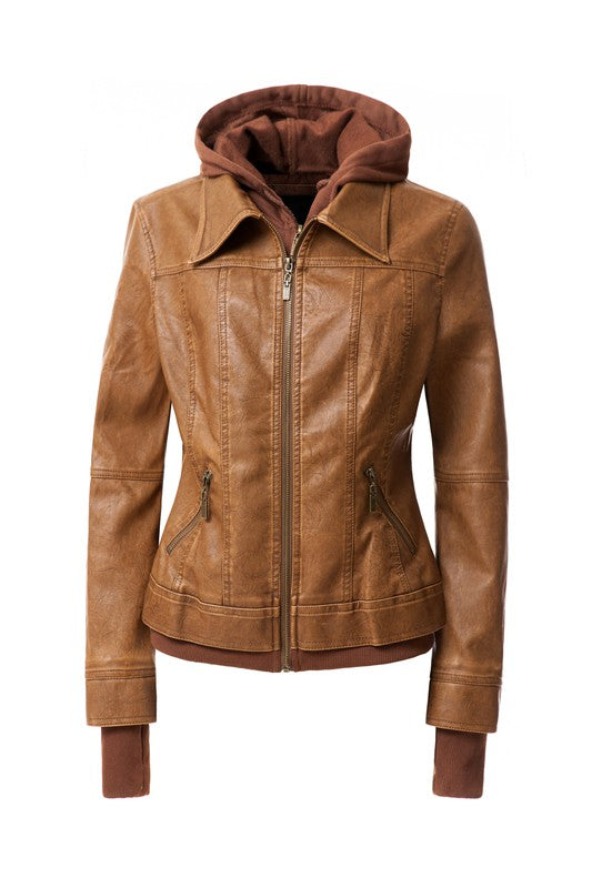 Women&#39;s Hood PU Leather Jacket