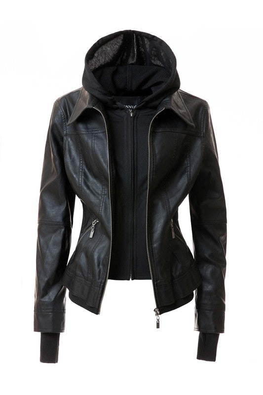 Women&#39;s Hood PU Leather Jacket