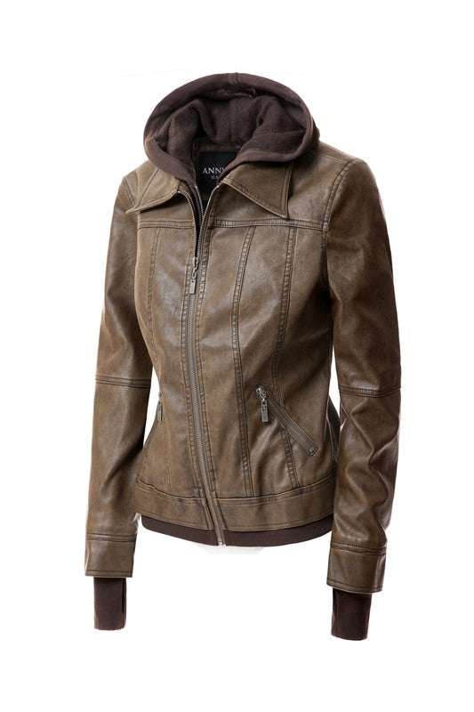 Women&#39;s Hood PU Leather Jacket