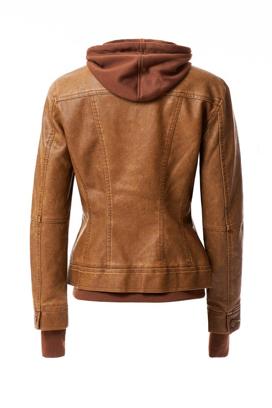 Women&#39;s Hood PU Leather Jacket