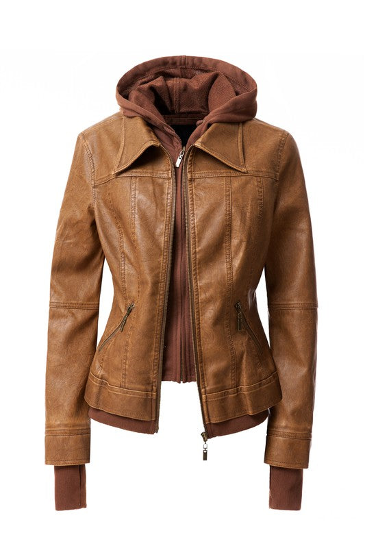 Women&#39;s Hood PU Leather Jacket