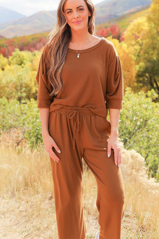 Full front view of Journey Pant- color is brown