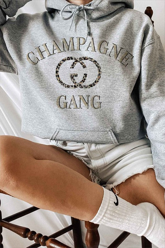 front view of CHAMPAGNE GANG GRAPHIC HOODIE Gray