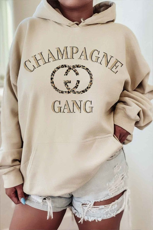 close up front view of CHAMPAGNE GANG GRAPHIC HOODIE