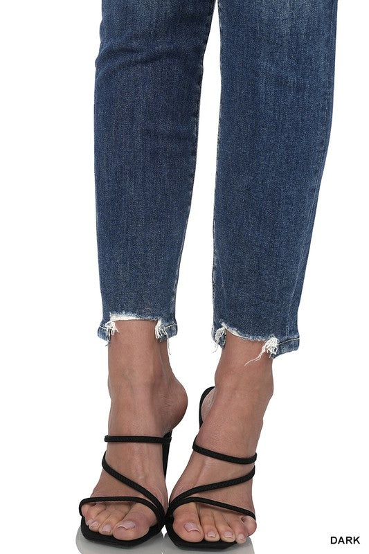 DISTRESSED HEM ANKLE SKINNY DENIM PANTS