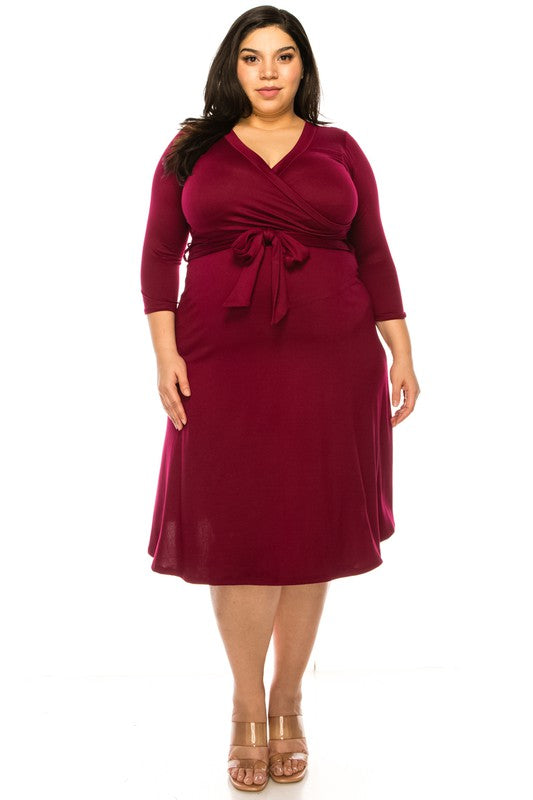 Plus size, solid faux wrap dress