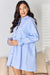 Side view of Button Up Collared Neck Flounce Sleeve Denim Dress-blue