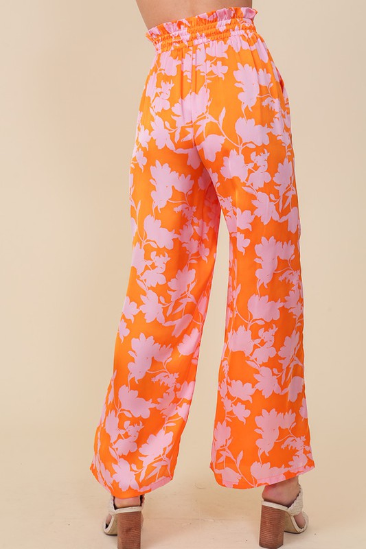 Back view of TROPICAL PRINT WIDE PANTS WITH SELF TIE DRAWSTRING