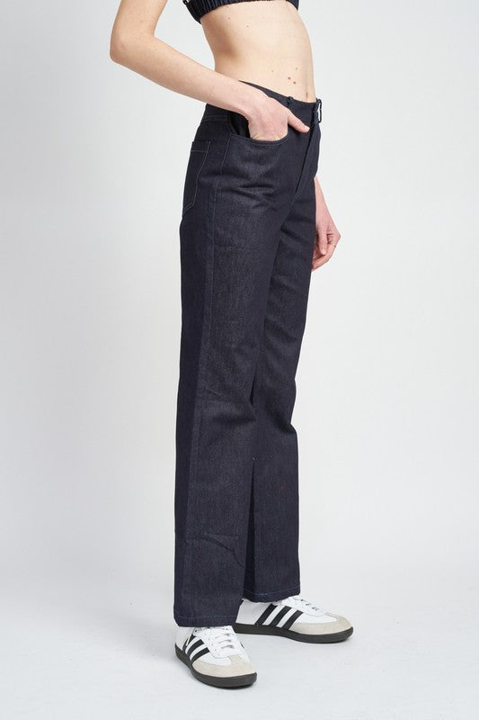 Side view of HIGH WAIST SEMI FLARED DENIM PANTS