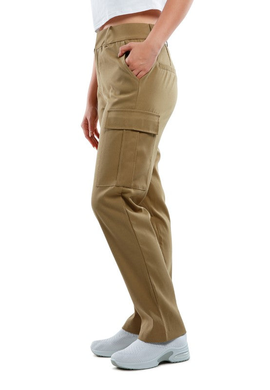 View of pocket on Casual High Waist Straight Pants-khaki