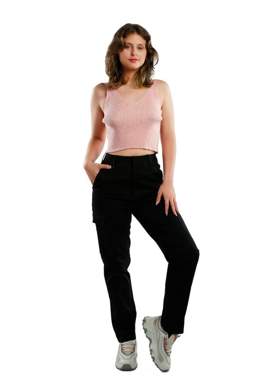 Front view of Casual High Waist Straight Pants-black