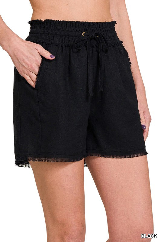 LINEN FRAYED HEM DRAWSTRING SHORTS WITH POCKETS