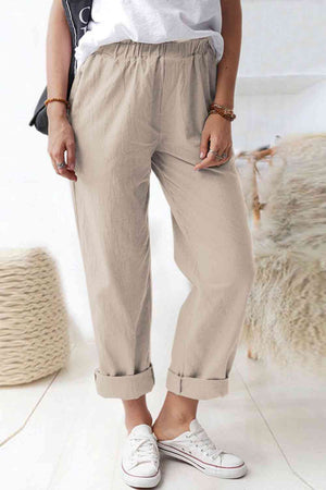 Another Front view of Paperbag Waist Pull-On Pants with Pockets-khaki