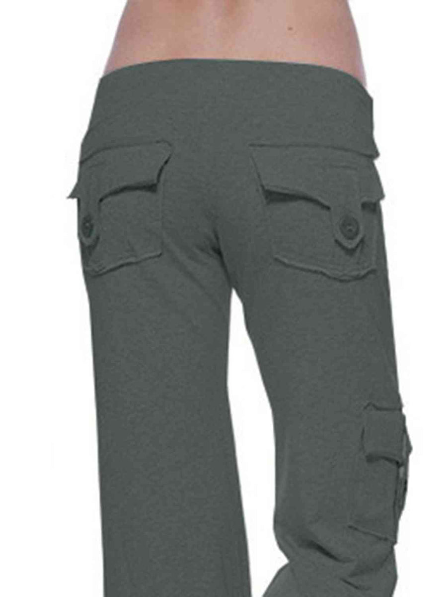 Zoom in back view of Mid Waist Pants with Pockets-green