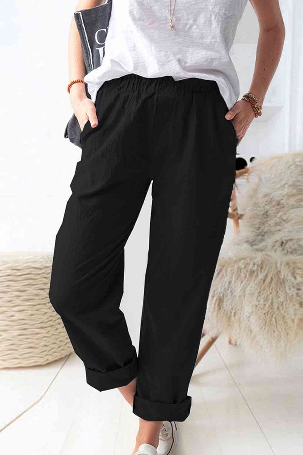 view of the front of Paperbag Waist Pull-On Pants with Pockets-black