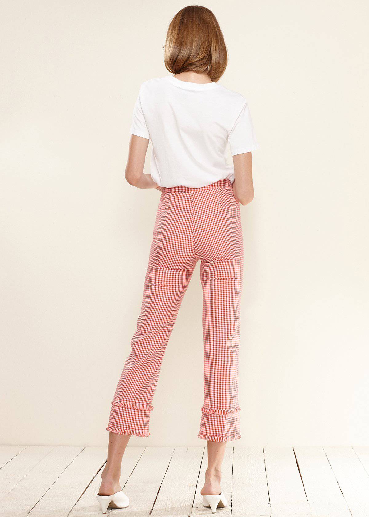 Women's Fringe Trim Slit Hem Gingham Pants in Red Gingham by