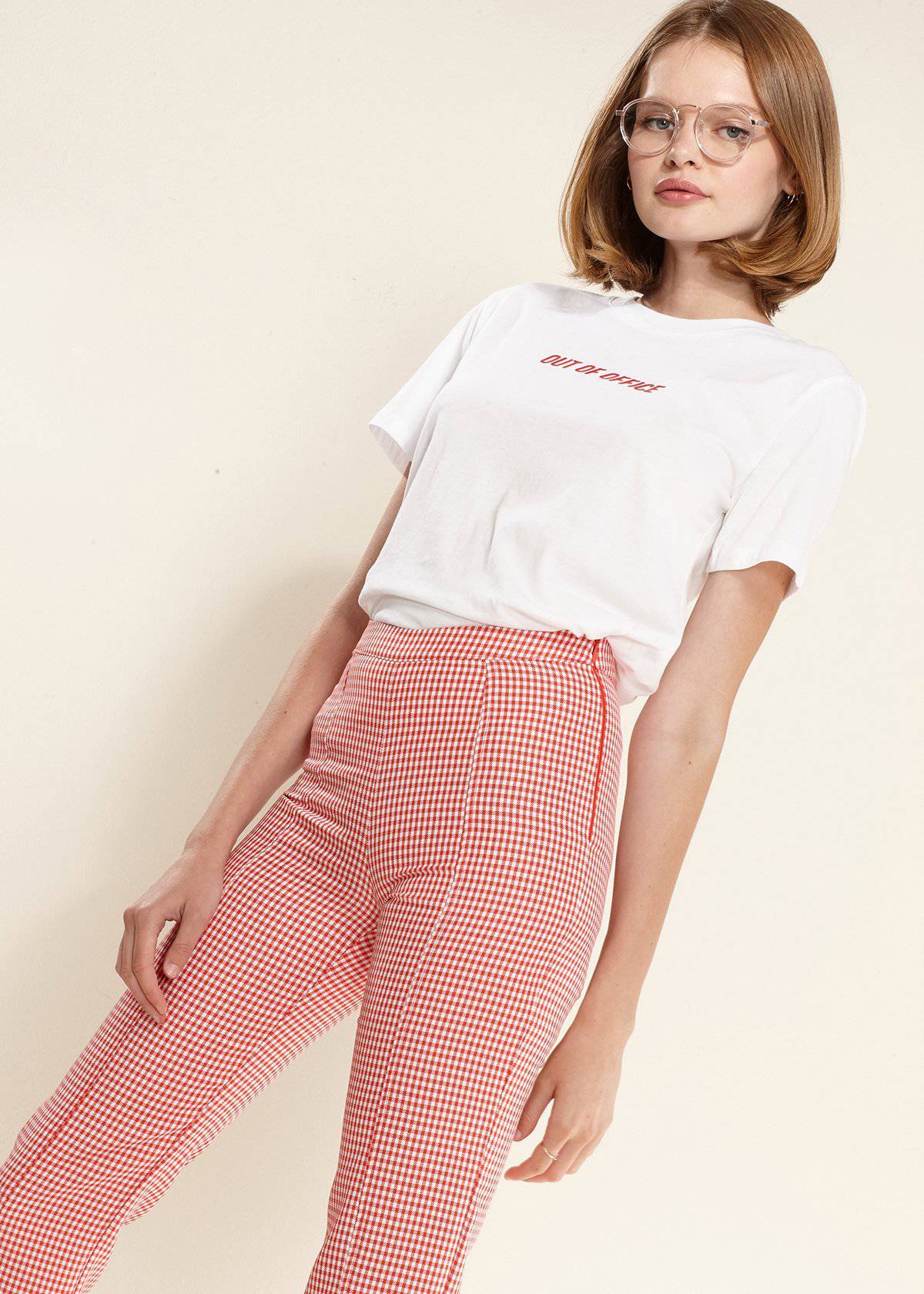 Women's Fringe Trim Slit Hem Gingham Pants in Red Gingham by