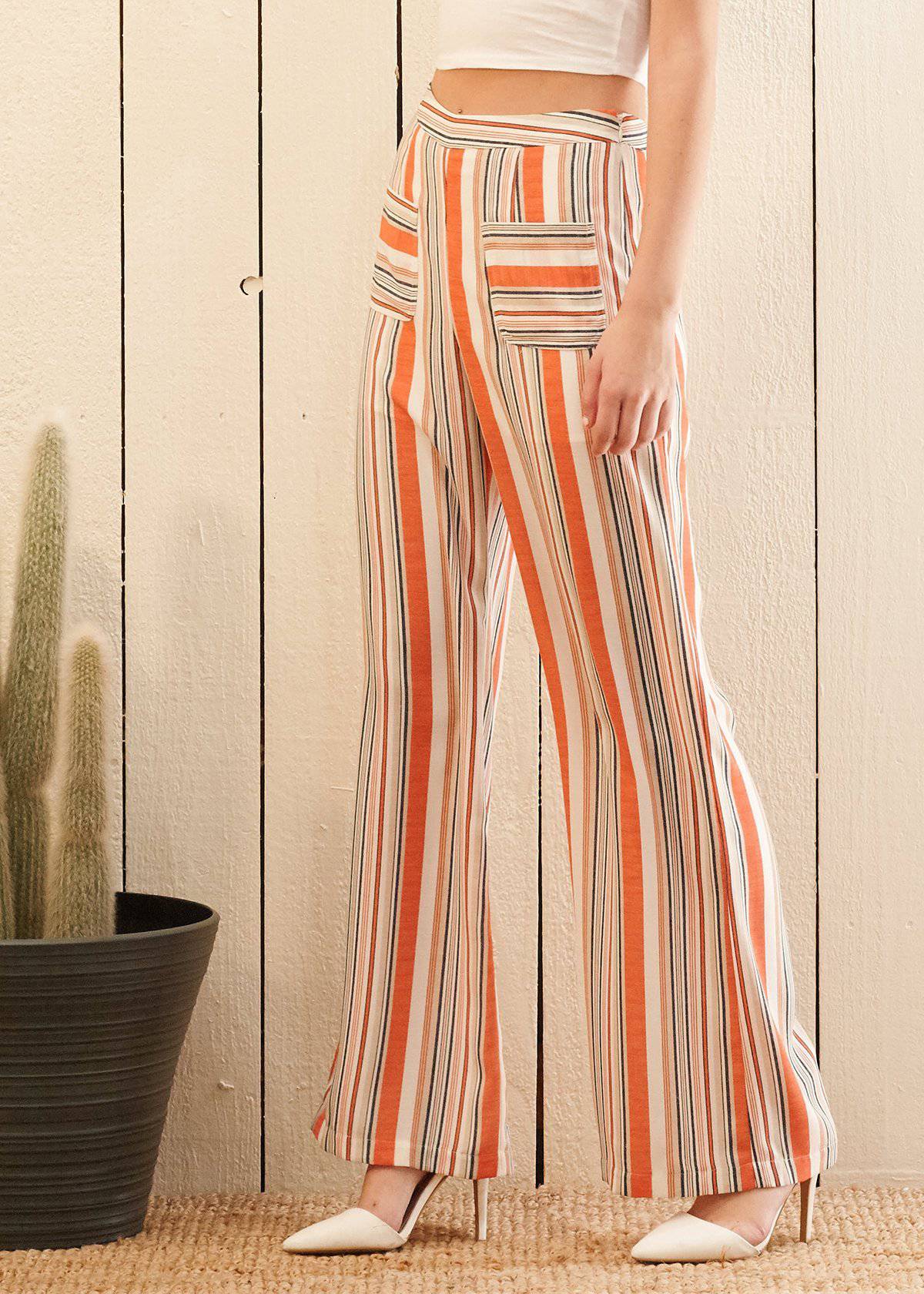 Side view of Women&#39;s High-waisted Palazzo in Rust Multi Stripe