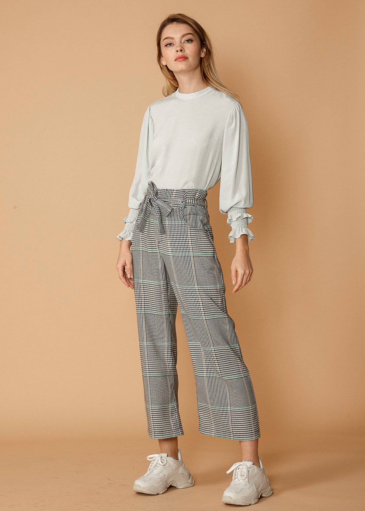 Full view of Women&#39;s Plaid Tie Waist Cropped Pants