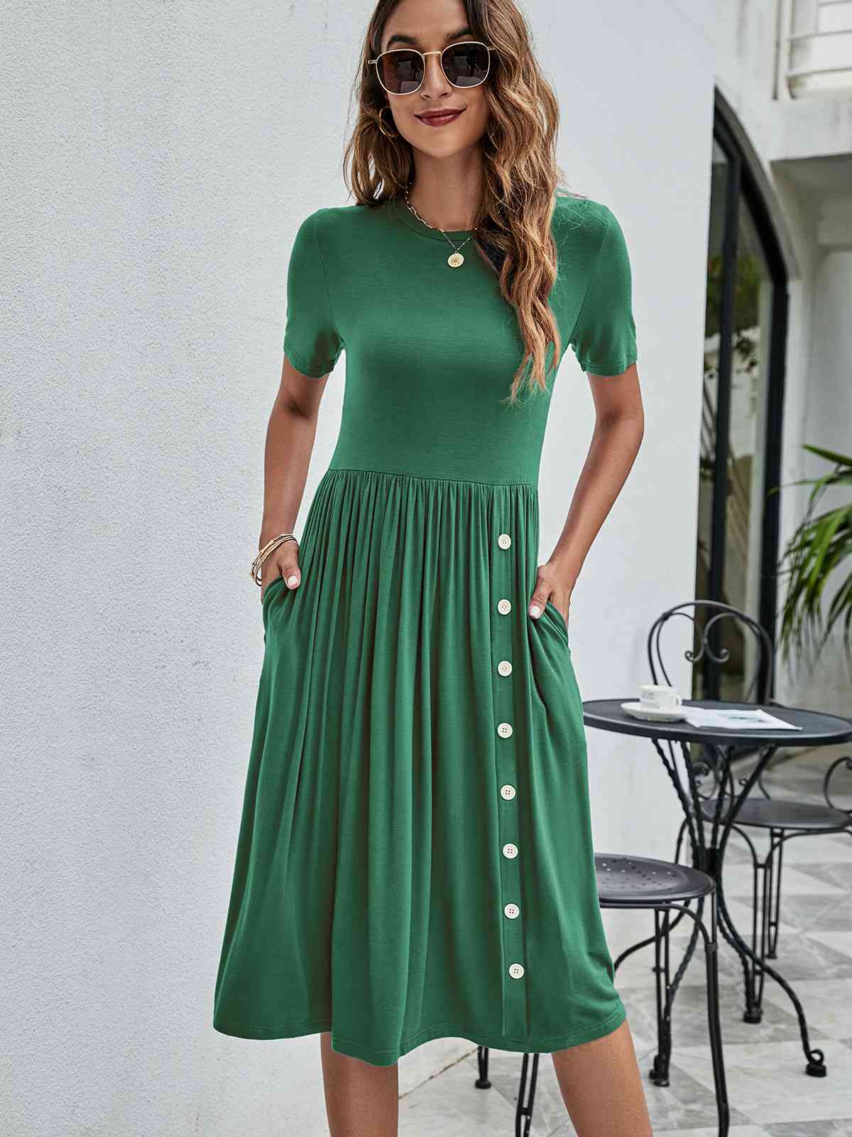 Button Detail Tee Dress with Pockets-green