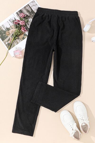 Drawstring Straight Pants with Pockets-black