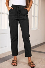 Front view of Drawstring Straight Pants with Pockets-black