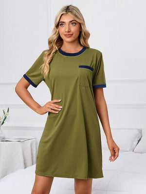 Full view of Contrast Trim Round Neck Mini Dress-moss