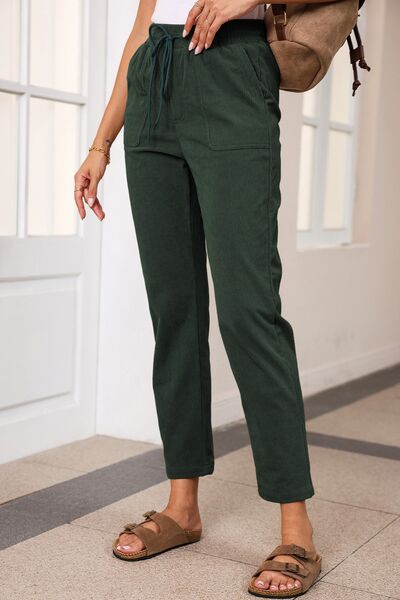 Side view of Drawstring Straight Pants with Pockets-black forest