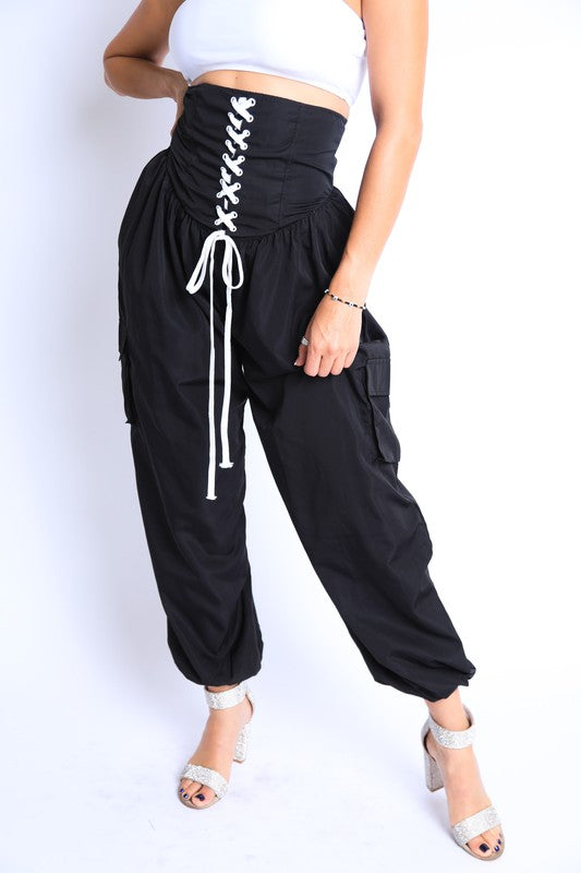 Front view of Tie Detailed High Waist Jogger Pants-black