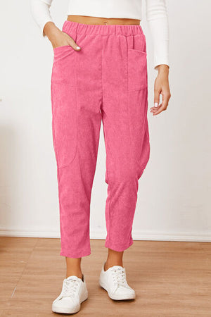 Front view of Pocketed Elastic Waist Pants-pink